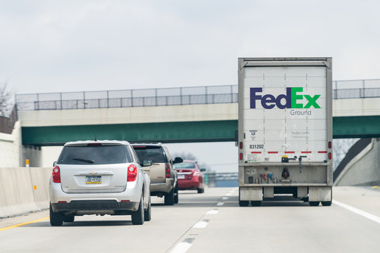 Hamburg, USA - April 6, 2018: Highway 78 in Pennsylvania with FedEx truck and cars in traffic