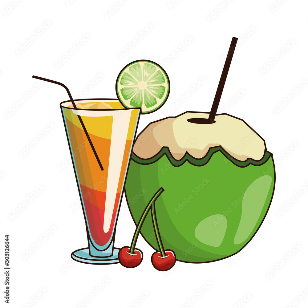 Sticker sunrise cocktail and coconut drink, flat design