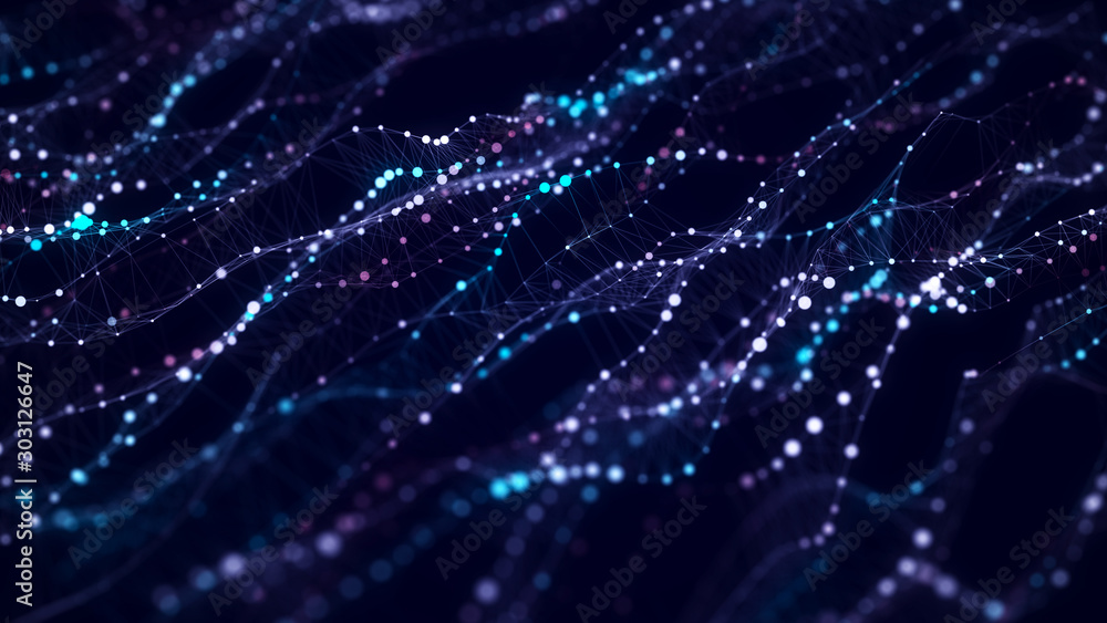 Aufkleber Music abstract background. Molecular background with DNA. Network with connecting dots and lines. Big data visualization. Sound wave. 3d rendering.