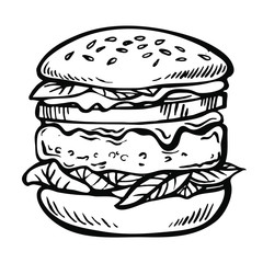 Hand drawn sketch Cheeseburger or Hamburger.  Fast food ink doodle illustration.