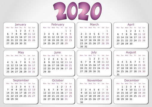 simple editable vector calendar 2020