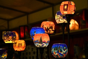 Christmas Ornaments in a Christmas Market. Illuminated spheres.