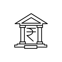Bank building with Indian rupee sign icon. Outline thin line flat illustration. Isolated on white background. 