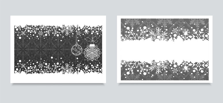 Christmas cards, banners for your design. Two images with Christmas balls on gray background in retro style. The frame of snow. Template for New Year cards, posters, invitations. Vector graphics