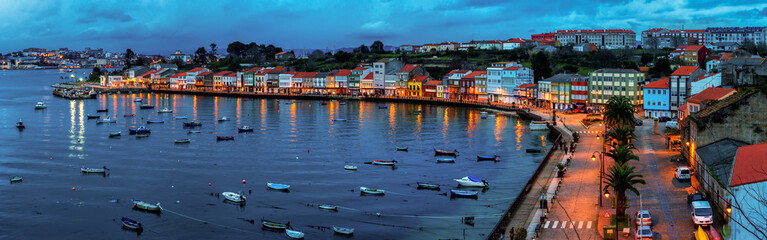 Panoramic View of Fishing Town by Night Mugardos La Coruña Galicia