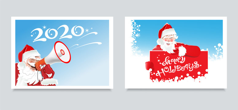 Christmas cards for your design. Two cute images with happy Santa Claus on a blue background. Lettering - 2020 Happy holidays. Template for design: New Year's pictures, banners, posters, invitations.