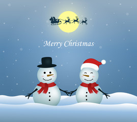 Romantic snow couples use red scarf in winter. Santa Claus flies on Christmas Eve. Merry Christmas greeting card.