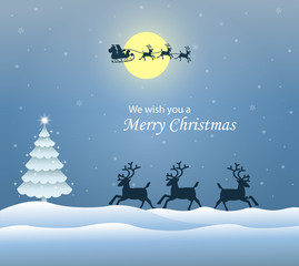 Fototapeta premium Illustration of a white Christmas tree in winter. Santa Claus flies on Christmas Eve. View of yellow moon and Reindeer. Merry Christmas greeting card.