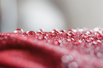Rain  water droplets on  a  red waterproof fabric background