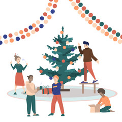 Different people characters decorated big Christmas tree.
