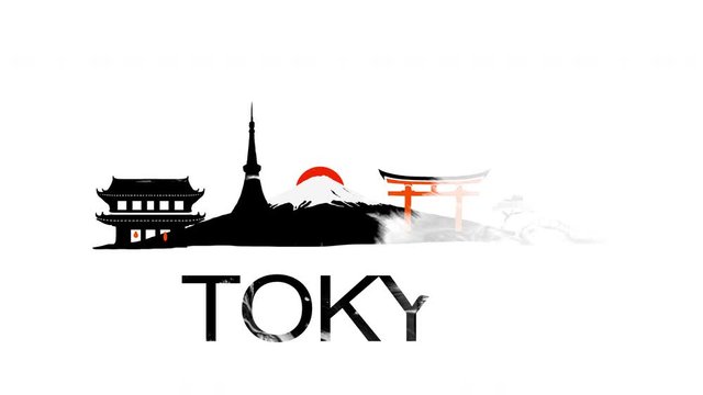 Tokyo 2020 reveal skyline intro title. Ink concept revealing famous landmarks