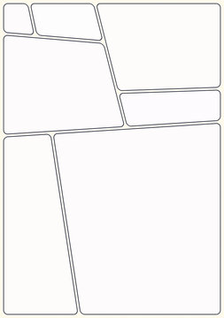 Ready manga storyboard layout template to create appealing comic book. 7 rounded areas, classic design, nice look. Print out in A4. Comic production efficiency when creating attractive stories