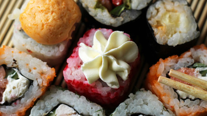 Sushi roll sushi with white cream cheese, sesame. Sushi menu. Japanese food.