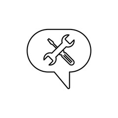 Speech bubble with wrench and screwdriver icon. Outline thin line flat illustration. Isolated on white background. 