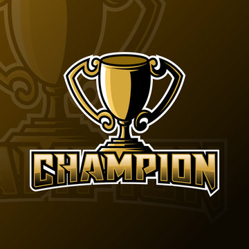Champion trophy mascot gaming logo design vector template