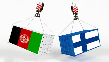 Fototapeta na wymiar Finland and Afghanistan flags on opposing cargo containers. International trade theme, import and export concept between two countries.