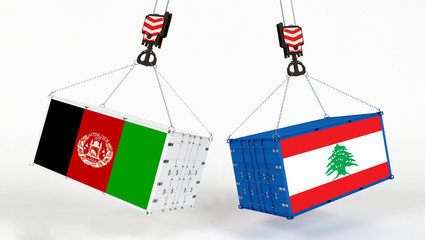 Lebanon and Afghanistan flags on opposing cargo containers. International trade theme, import and export concept between two countries.