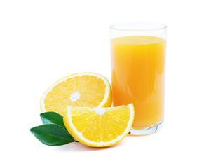 Glass of fresh orange juice with fruits sliced and green leaf isolated on white background
