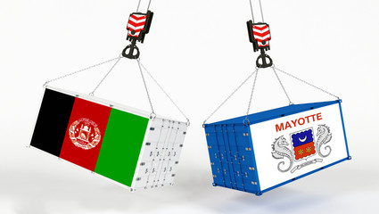 Obraz premium Mayotte and Afghanistan flags on opposing cargo containers. International trade theme, import and export concept between two countries.