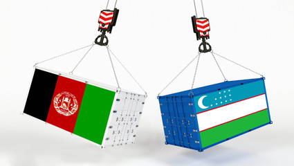 Uzbekistan and Afghanistan flags on opposing cargo containers. International trade theme, import and export concept between two countries.