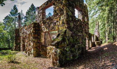 Panorama of the giant stone rock remains of a grand house in Jack london state historic park