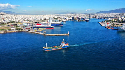 Fototapeta na wymiar Aerial drone panoramic photo of famous busy port of Piraeus which is the largest in Greece and Mediterranean sea, Attica