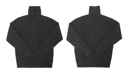 Blank grey sweater turtle neck mock up template, front and back view isolated on white background...