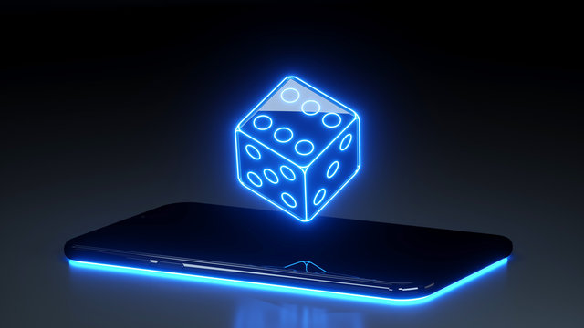 Dice And Smart Phone Gambling Concept With Neon Lights Isolated On The Black Background - 3D Illustration
