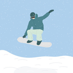 Flat vector illustration of snowboard. Winter sport and recreation. Snowboarding resort with young jumping man.