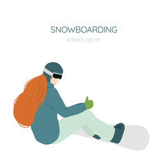 Flat vector illustration of snowboard. Winter sport and recreation. Snowboarding resort with young woman.