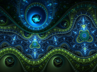 Water themed fractal clockwork, digital artwork for creative graphic design