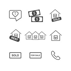 Set of business icons. Icons of sold and rent house, money and phone. Business growth on white isolated background.