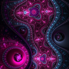 Glossy purple and blue fractal clockwork, digital artwork for creative graphic design