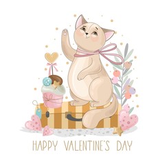 Valentine's day card. Romantic cat with festive elements. Hand lettering. Vector illustration.