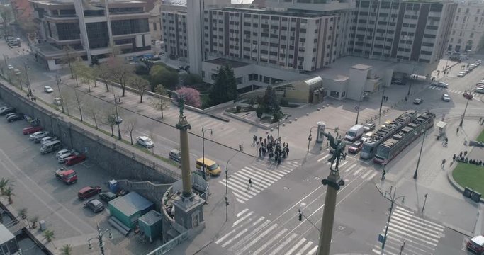 Aerial Pan Shot over Svatopluk Czech Bridge - Namesti Curieovych - Prague - Czech Republic - 4K Drone Video