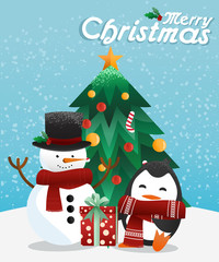 Snowman and penguin celebrating Christmas under the Christmas tree