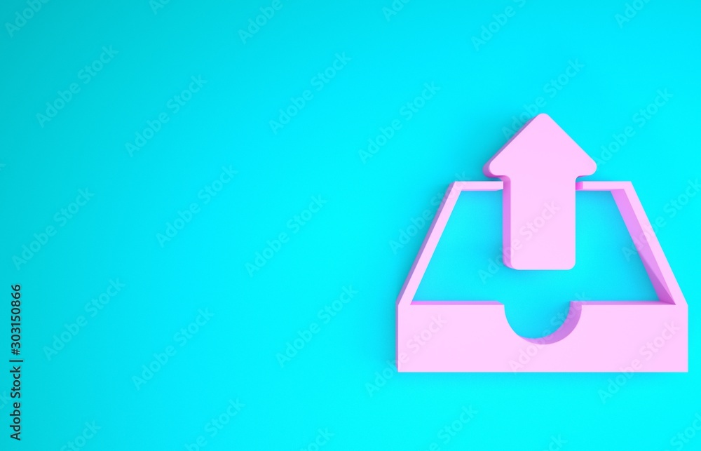 Poster pink upload inbox icon isolated on blue background. minimalism concept. 3d illustration 3d render