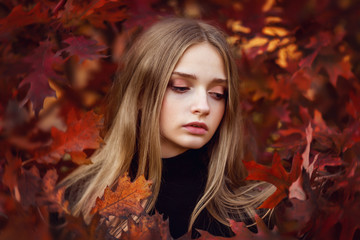 Obraz na płótnie Canvas artistic portrait of a young girl in red autumn leaves