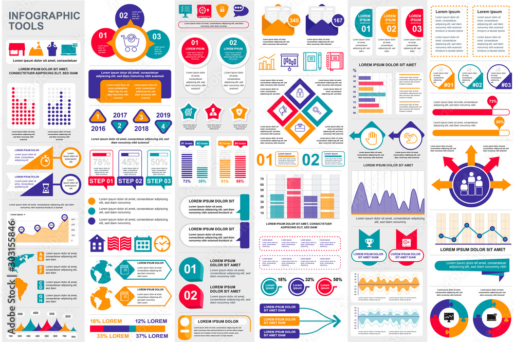 Leinwandbilder Bundle infographic elements data visualization vector design template. Can be used for steps, business processes, workflow, diagram, flowchart concept, timeline, marketing icons, info graphics.