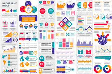 Bundle infographic elements data visualization vector design template. Can be used for steps, business processes, workflow, diagram, flowchart concept, timeline, marketing icons, info graphics. - obrazy, fototapety, plakaty