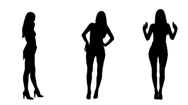 Silhouettes of sexy young women dancing inviting and waving hand welcoming isolated on white background. 