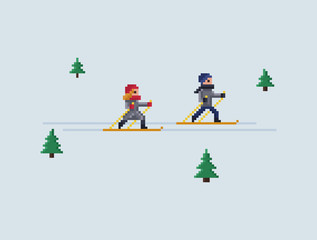Fototapeta premium Pixel art vector 8 bit illustration -boy and girl skiing and christmas trees on light blue background