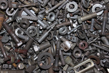 Metal bolts and nuts. View from above. Russia.