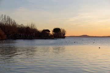 landscape and view of Lake Bolsena at sunset, Viterbo province, Lazio, Italy