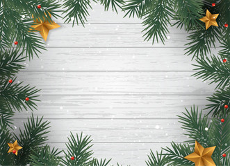 Fototapeta na wymiar Christmas background with christmas gifts and fir branches. Wood background