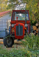 Red Tractor with Trailer in a Backyard