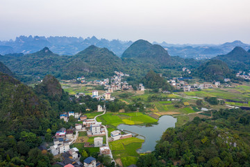 Drone View of Guilin, Li River and Karst mountains, Guilin city, Guangxi, province, China