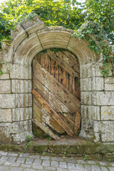 rustic wooden door set in an old stone arch and wall with green vegetation