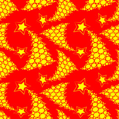 Seamless multilayer pattern of yellow New Year and Christmas trees in the lights on a red background