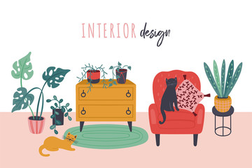 Retro style living room interior with armchair and green plants. Cute hand drawn furniture vector illustration